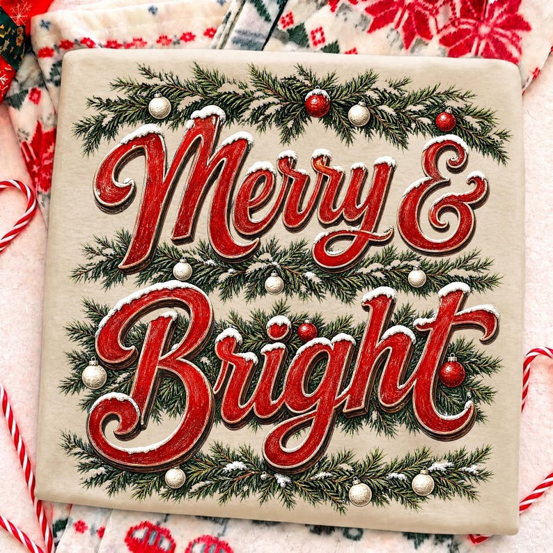 Merry and Bright design printed on a holiday ceramic mug
