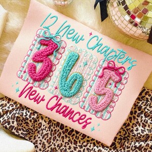 Puede incluir: Un coj&iacute;n rectangular rosa con texto y n&uacute;meros bordados. El texto dice "12 New Chapters 365 New Chances" y los n&uacute;meros son "365". Los n&uacute;meros son rosas y turquesas, con un borde decorativo.