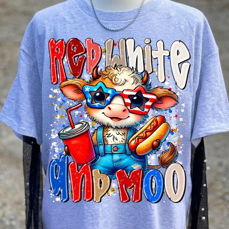 Close-up of Red White and Blue Highland Cow PNG with stars and stripes details