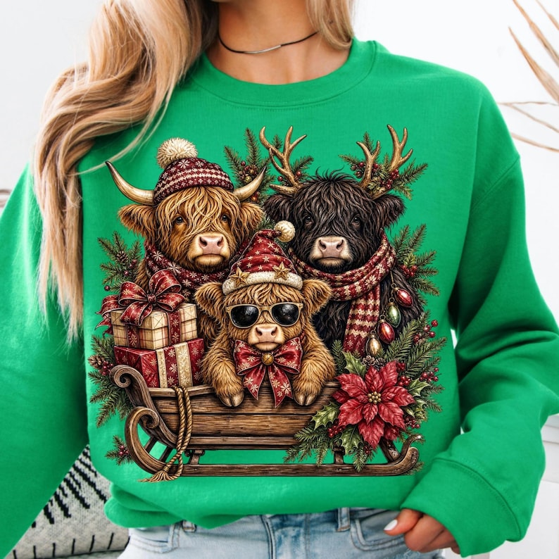 Puede incluir: Una sudadera de cuello redondo verde brillante con un gr&aacute;fico de tres vacas Highland en un trineo de madera. Las vacas llevan gorros y bufandas de invierno, y una de ellas lleva gafas de sol. El dise&ntilde;o incluye regalos y ramas de pino.