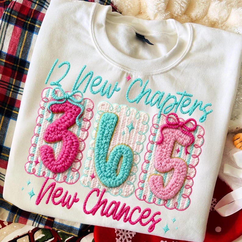 Image of Latch Hook Faux Yarn 12 New Chapters PNG, Crochet Happy New Year 2026 Sublimation, Pink Teal Sequins Coquette Bow Trendy Design