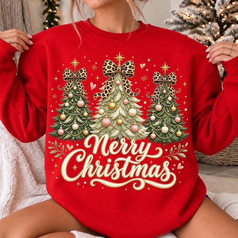 Image of Merry Christmas PNG, Leopard Bow Christmas Tree Sublimation, Coquette Holiday Tree Shirt Design, Digital Download