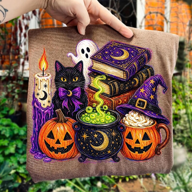 Image of Halloween Witch PNG, Black Cat Cauldron Pumpkin Spooky Season Sublimation Design