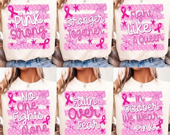 Pink Ribbon Quotes PNG Bundle, October We Wear Pink Sublimation Designs Pack, Breast Cancer Survivor Shirt Graphics Set