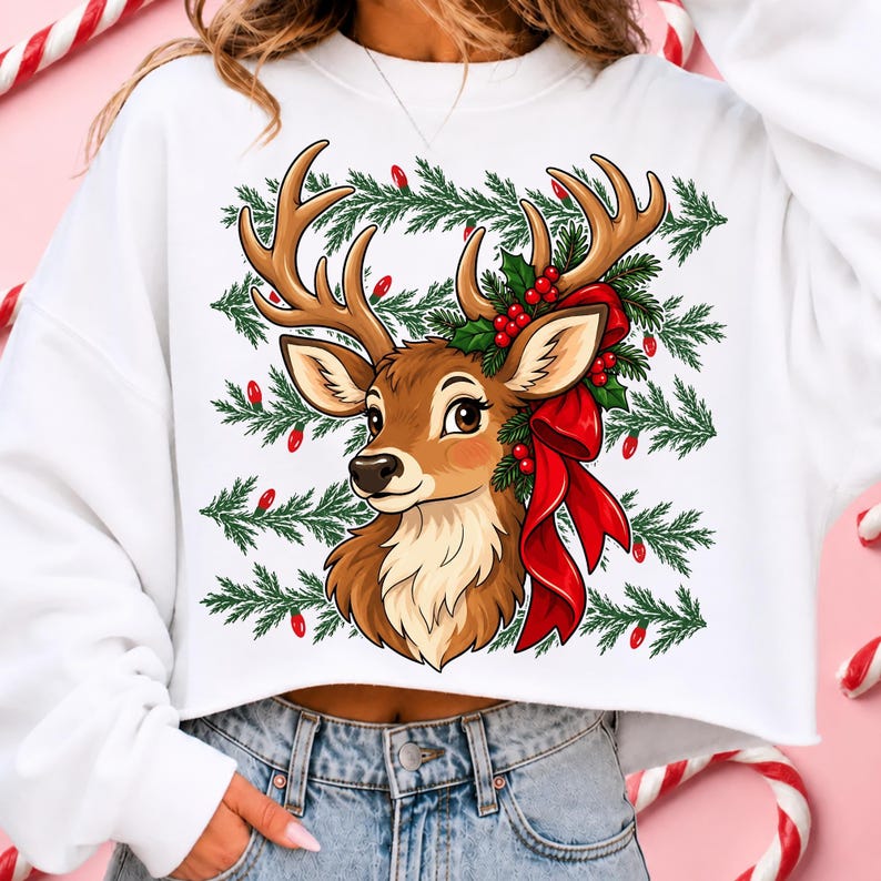 May include: A white cropped sweatshirt featuring a graphic illustration of a brown deer head with large antlers, adorned with green pine branches, red berries, and a large red bow, set against a background of horizontal green pine boughs and red lights.