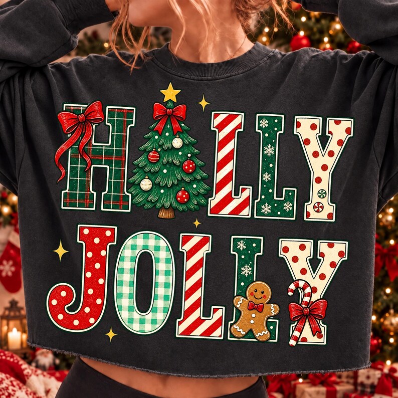Peut inclure: Un sweat-shirt noir &agrave; manches longues avec le texte HOLLY JOLLY en grandes lettres color&eacute;es. Le H est &agrave; carreaux verts avec un n&oelig;ud rouge, le O est un sapin de No&euml;l, les L sont &agrave; rayures rouges, le Y est blanc &agrave; pois rouges et le J est rouge &agrave; pois.