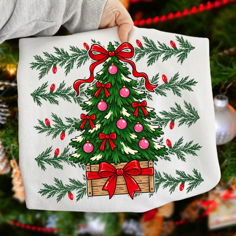Image of Christmas Tree Bow PNG, Preppy Polka Dot Holiday Sublimation, Trendy Xmas Shirt Design, Digital Download