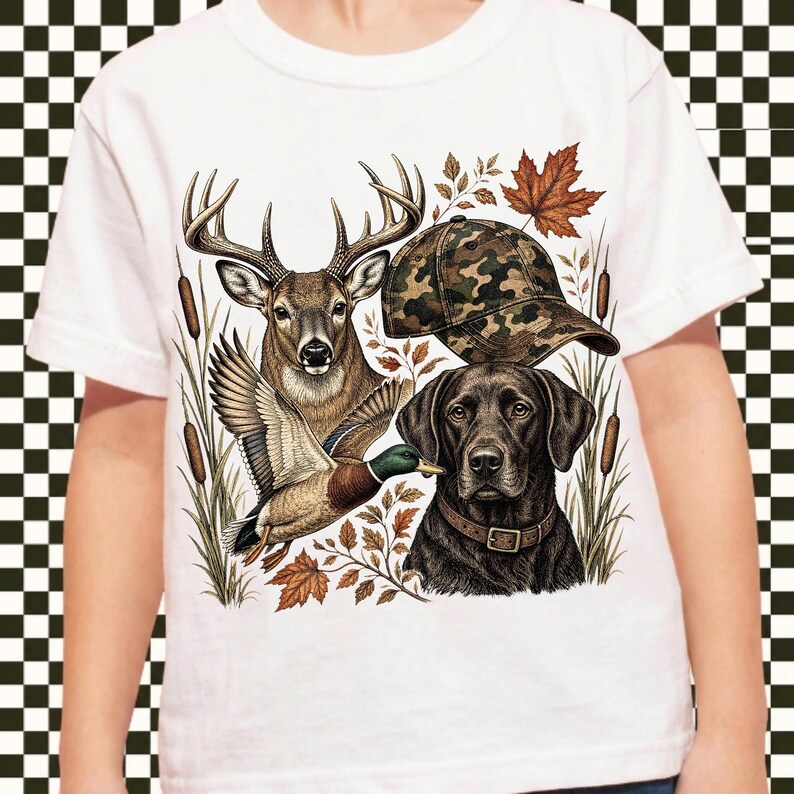 May include: A white t-shirt featuring a graphic print of a deer, a flying mallard duck, a camouflage baseball cap, and a black Labrador retriever wearing a brown collar, all surrounded by cattails and autumn leaves.