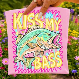 Preppy Kiss My Bass Fish PNG Trendy Summer Beach Fishing Design Colorful Pink Summer Vibes Lake Life PNG Sublimation Graphic image 2