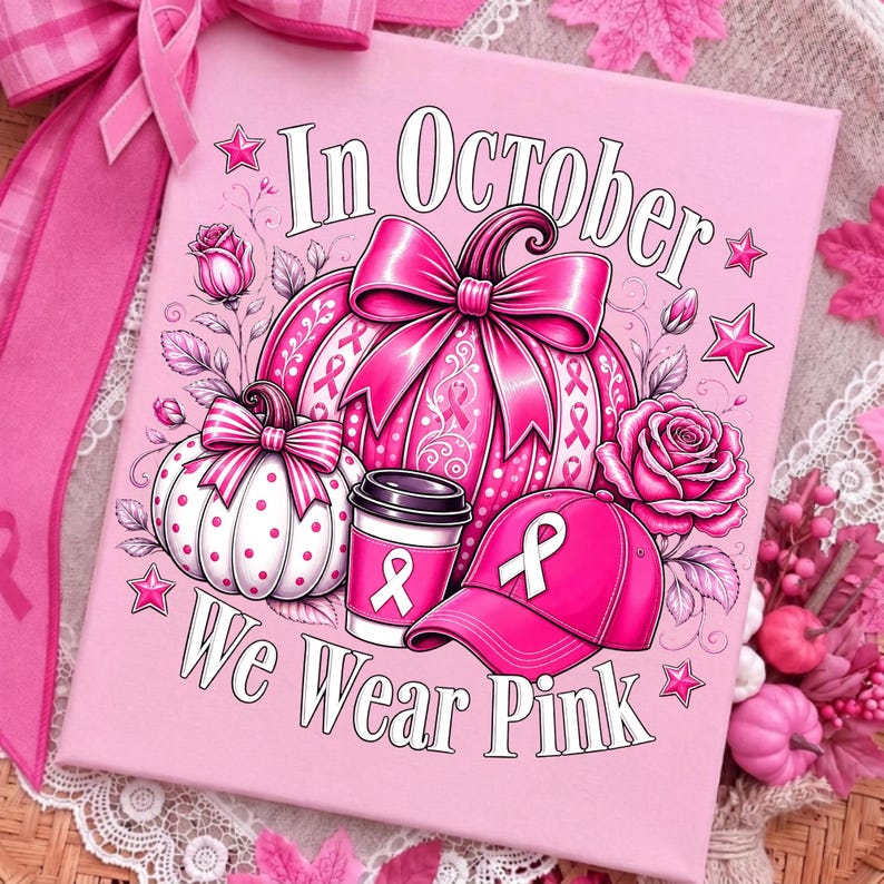 Image of In October We Wear Pink PNG, Breast Cancer Awareness Pumpkin Sublimation, Pink Ribbon Fall Shirt Design, Digital Download
