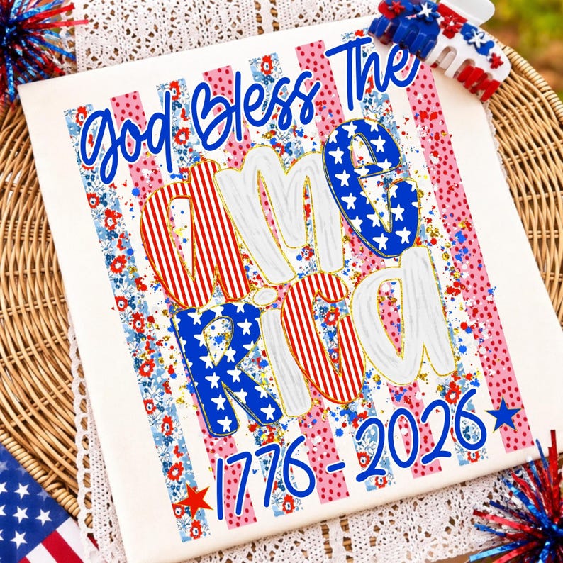 Image of God Bless USA PNG Girly Faith Patriotic Design Dainty Stripes Sublimation File 4th of July Christian American Flag T-Shirt DTF Graphic