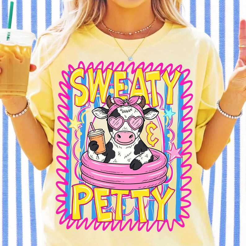 Image of Sweaty Petty PNG, Cute Summer Cow Pool Float Sublimation Design, Funny Farm Animal Shirt Graphic, Girly Boutique Clipart PNG File