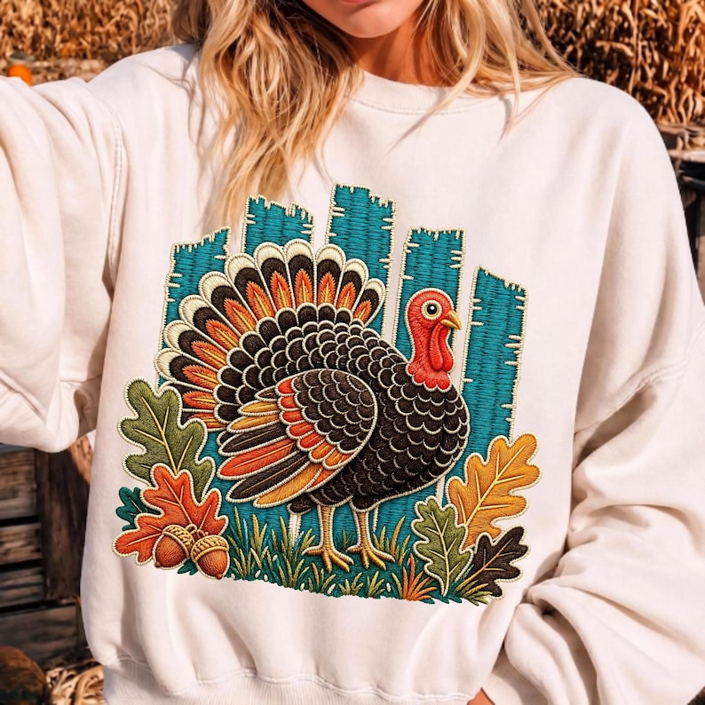 May include: A cream-colored crewneck sweatshirt featuring a large, detailed embroidered graphic of a turkey. The turkey has black, orange, and yellow feathers, a red wattle, and stands amidst green grass, colorful autumn oak leaves, and two acorns.