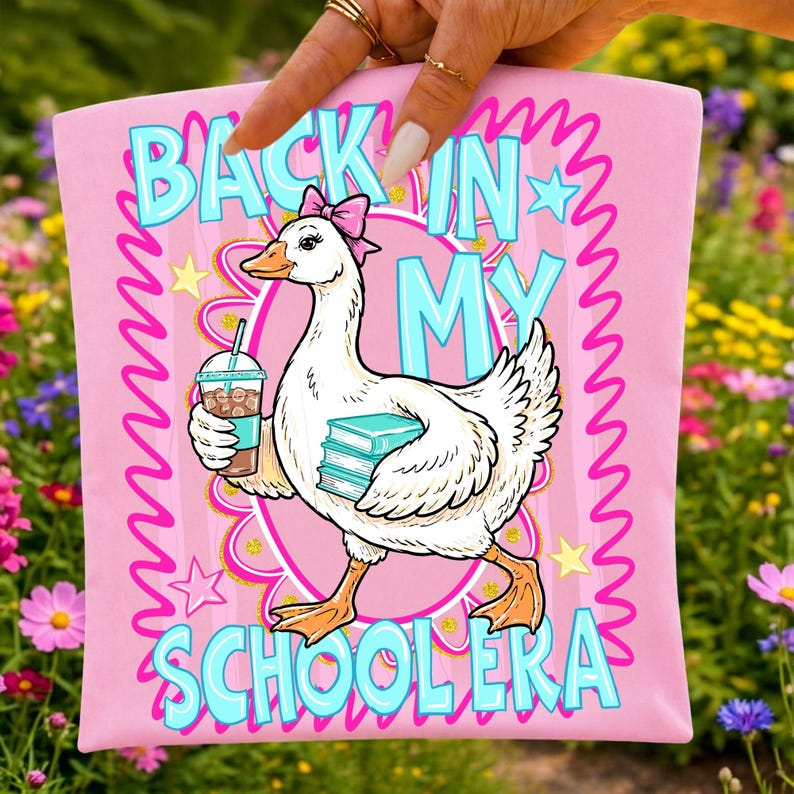 A mock-up showing a 'Back In My School Era' PNG design applied to a t-shirt, highlighting its appeal for personalized clothing.