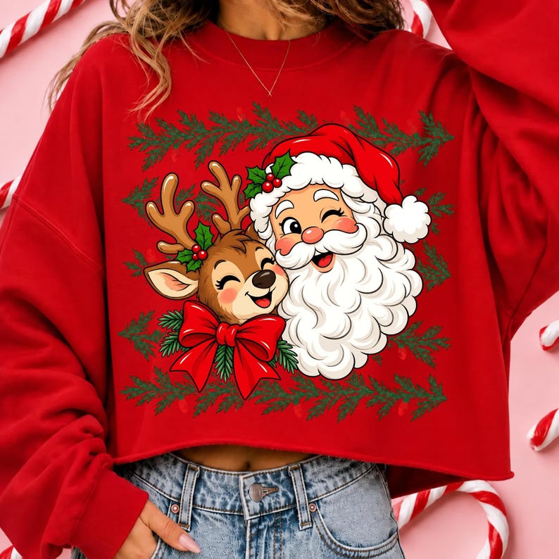 May include: A red long-sleeve sweatshirt featuring a graphic print of a winking Santa Claus and a smiling reindeer with a large red bow. The design is framed by green pine branches, and the sweatshirt has a cropped hemline and crew neckline.