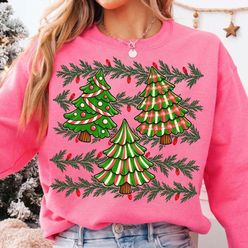 Image of Preppy Christmas Tree PNG, Gingham & Striped Retro Christmas Sublimation, Coquette Holiday Shirt Design, Digital Download