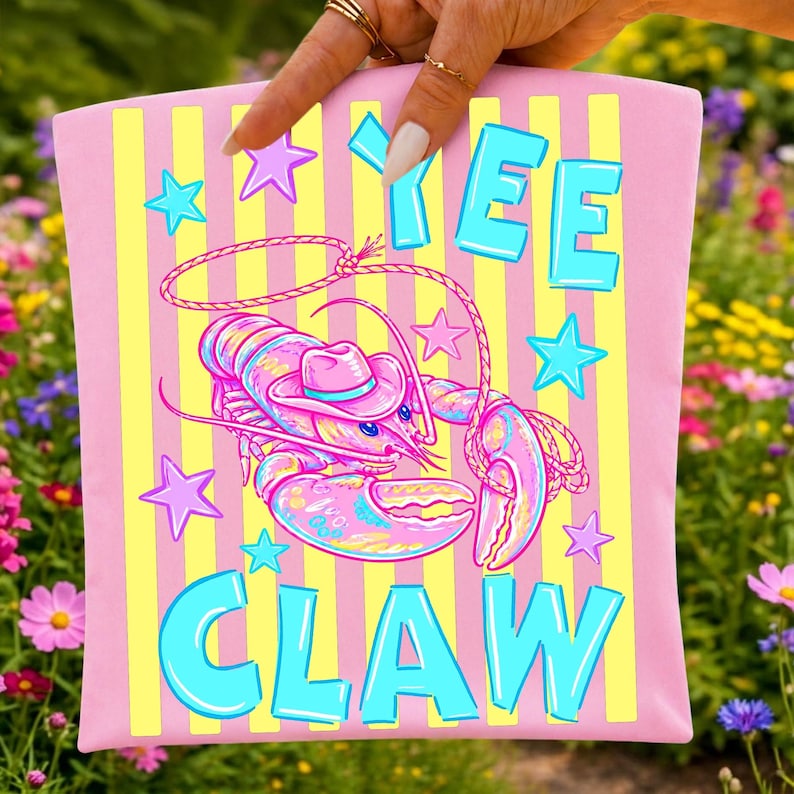 Vibrant 'Yee Claw' cowboy lobster PNG sublimation design with western hat and beach aesthetic.
