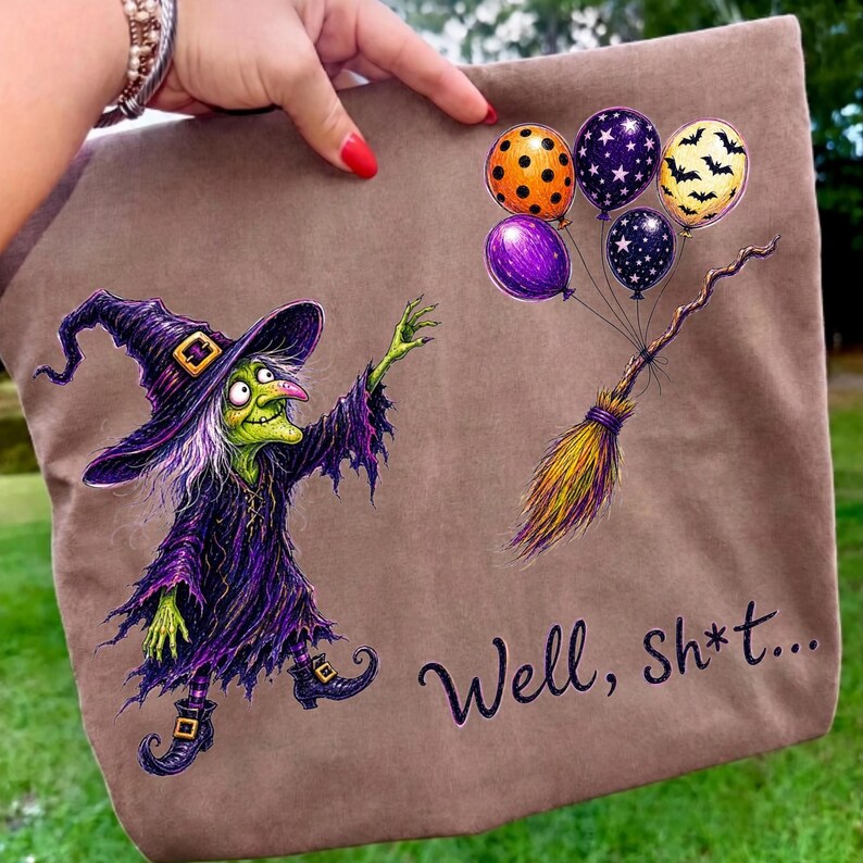 Funny Halloween Witch Lost Balloon PNG on a Tote Bag