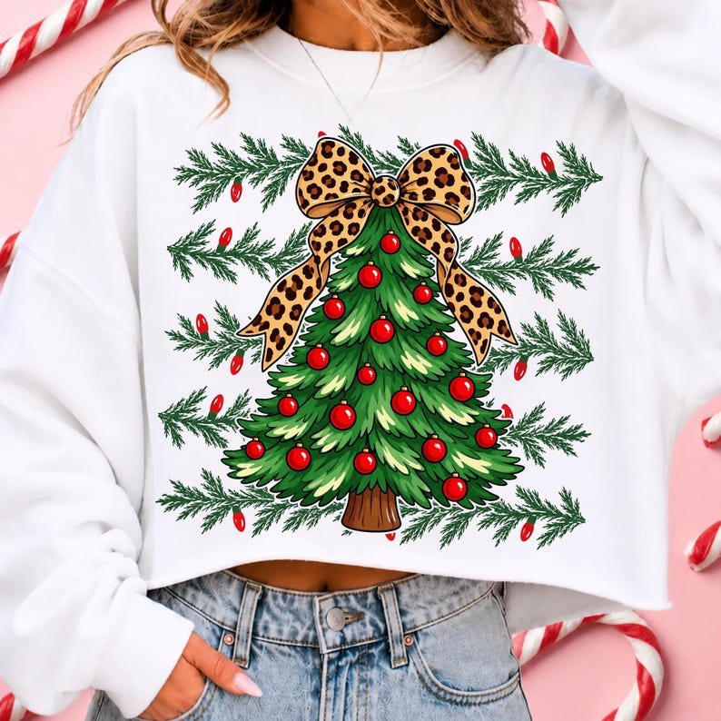 Retro Christmas tree PNG with leopard bow sublimation design