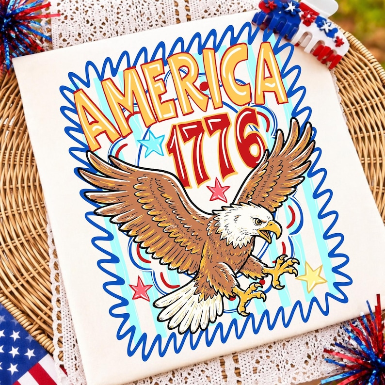 Image of Preppy Patriotic Eagle PNG 4th of July Sublimation America 1776 PNG Retro Striped Eagle Star Design for Shirts DTF Digital Download