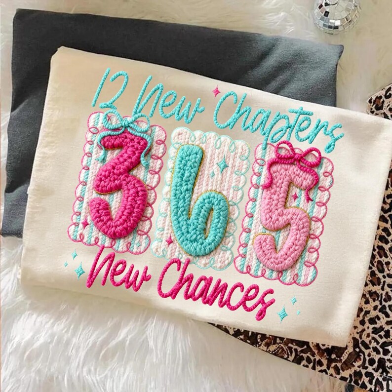 Image of Latch Hook Faux Yarn 12 New Chapters PNG, Crochet Happy New Year 2026 Sublimation, Pink Teal Sequins Coquette Bow Trendy Design