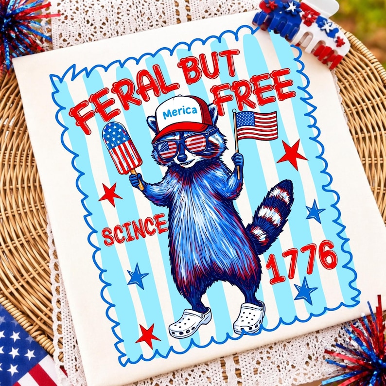 Feral but Free Retro Raccoon 4th of July PNG Design