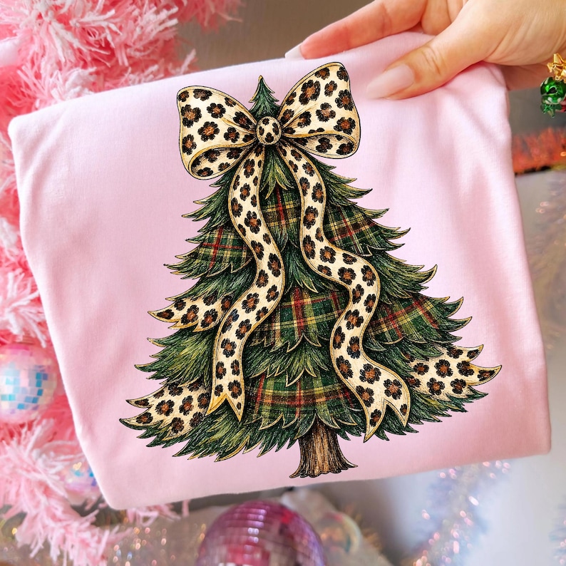 Image of Christmas Leopard Tree PNG, Plaid Xmas Tree Sublimation, Coquette Holiday Tree Digital Download
