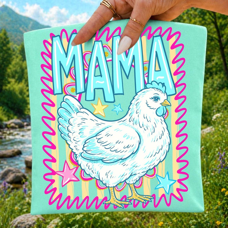 Close-up of the Mama Hen PNG design, highlighting the charming retro typography and cute chicken illustration.