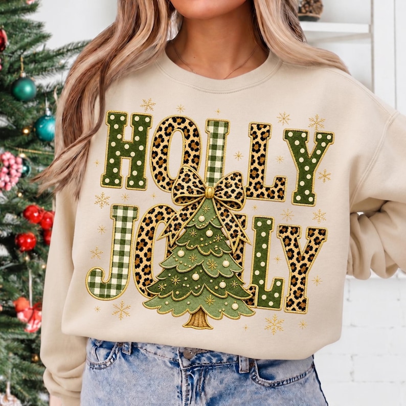 Image of Holly Jolly PNG, Leopard Christmas Tree Sublimation, Coquette Bow Gingham Holiday Shirt Design, Digital Download