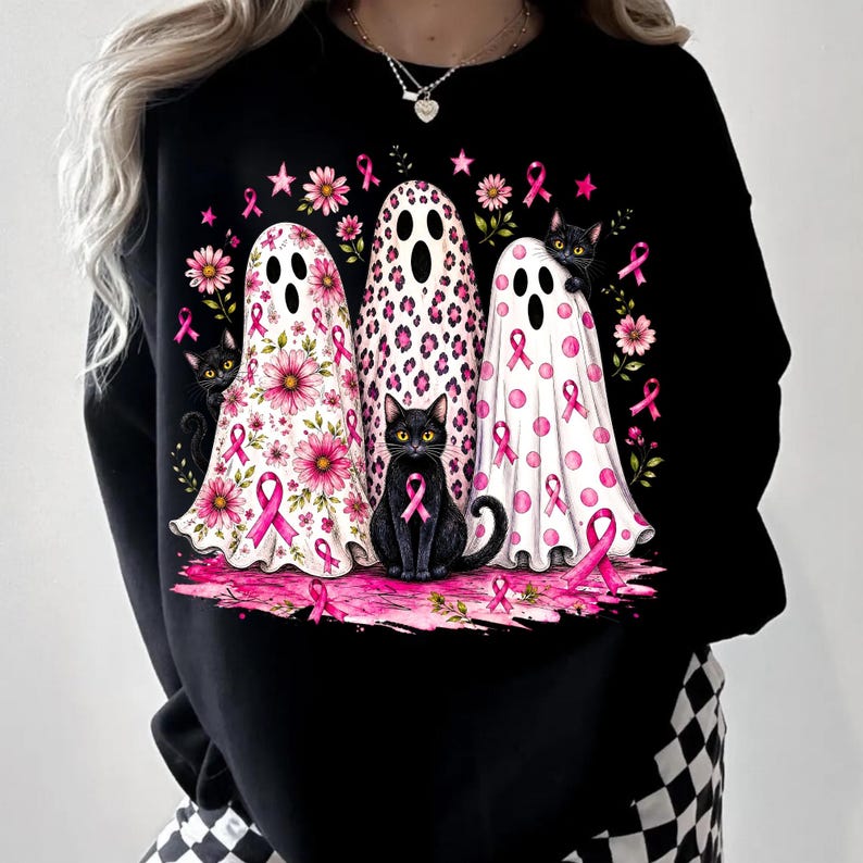 Image of Breast Cancer Ghosts PNG, Pink Ribbon Halloween Sublimation, Floral Leopard Ghost Black Cat Awareness Digital Download