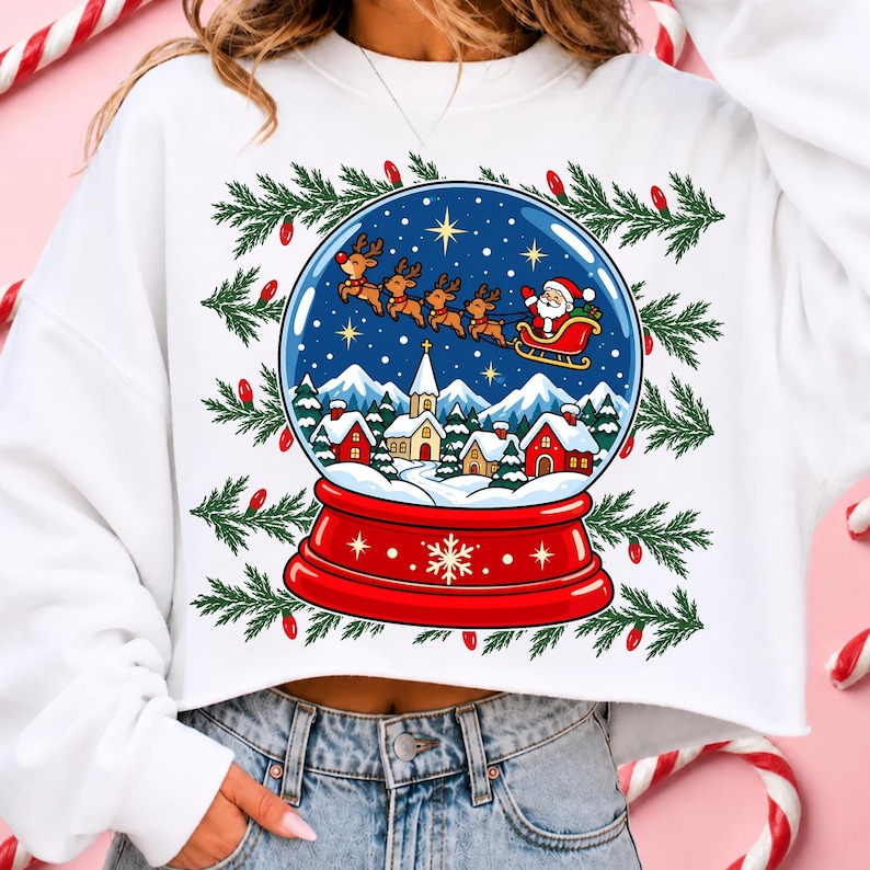 May include: A white long-sleeve sweatshirt featuring a graphic print of a snow globe containing a winter village scene with a church, houses, and Santa Claus in a sleigh pulled by reindeer. The design is framed by green pine branches and red lights.