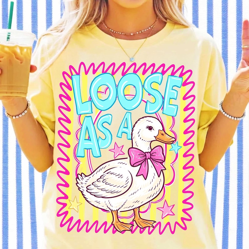 Cute coquette goose wearing a pink bow with Loose As A Goose typography