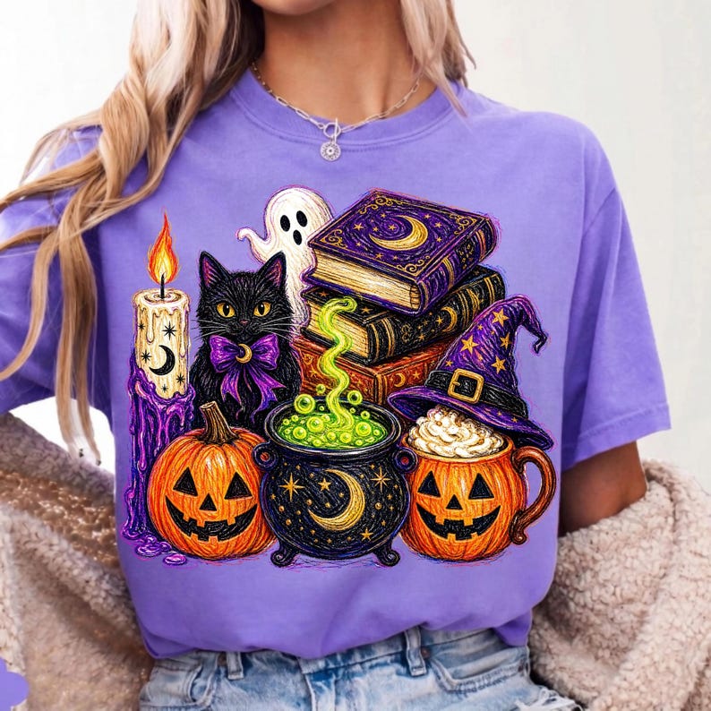 Op de afbeelding: Een lichtpaars t-shirt met een grafische print van een zwarte kat met een paarse strik, een smeltende kaars, een geest, gestapelde boeken, een borrelende ketel met groene vloeistof en een pompoenmok met een heksenhoed erop.