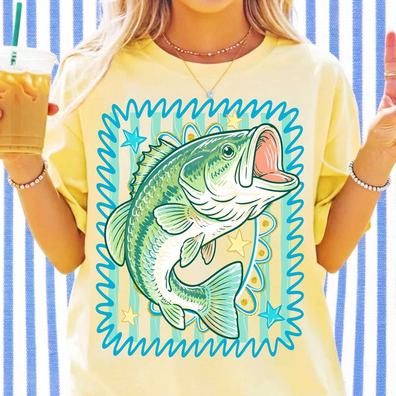 Vibrant Bass Fish PNG design for summer fishing shirts and sublimation projects.