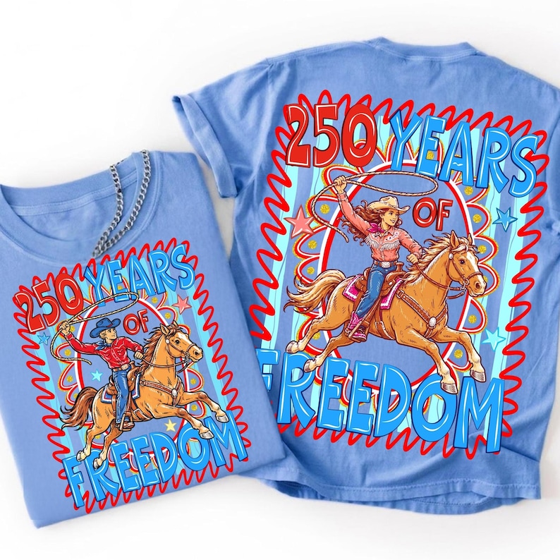Western 4th of July PNG design featuring 'Freedom 250' with cowboy boots and hats in patriotic USA colors.