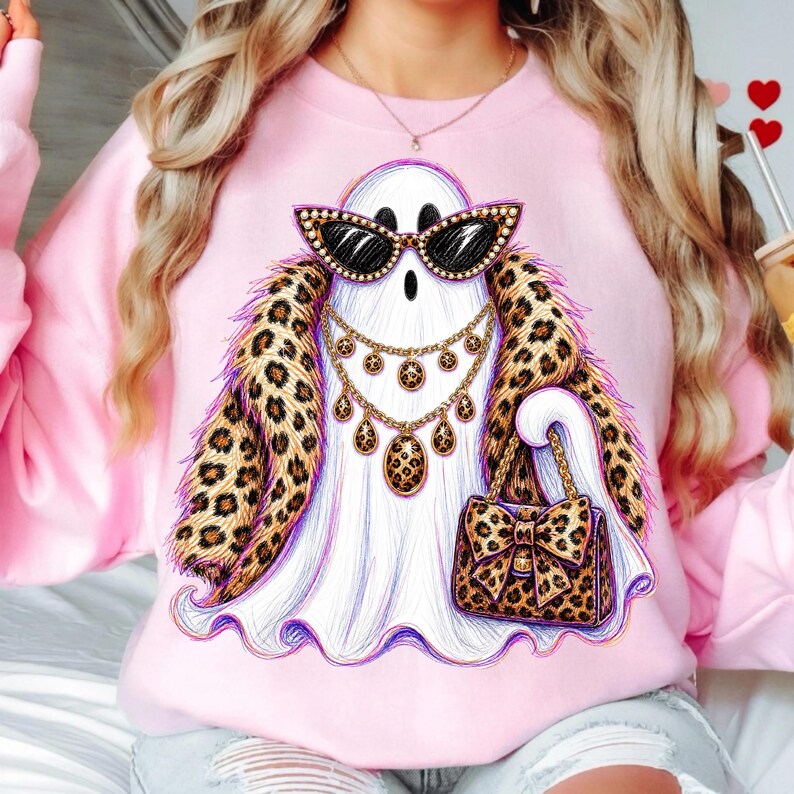Boujee Halloween Ghost PNG, Leopard Print Glam Ghost, Spooky Luxury Rhinestone DTF Digital Download image 6