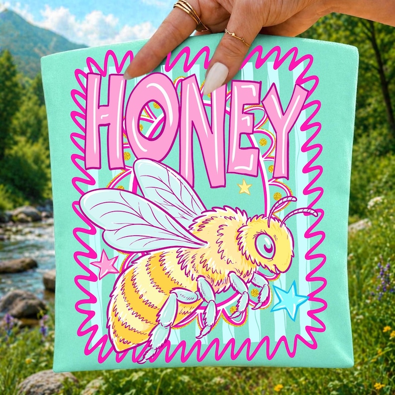 Retro Bee Honey PNG sublimation design on a t-shirt, featuring a striped bee and 'Be Kind' message, perfect for teacher apparel.