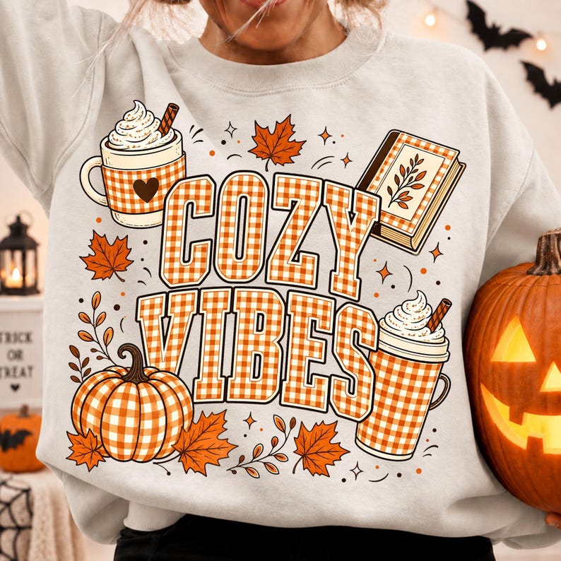 Image of Cozy Vibes PNG, Fall Coffee and Book Sublimation, Gingham Pumpkin Autumn Shirt Design, Pumpkin Spice Digital Download