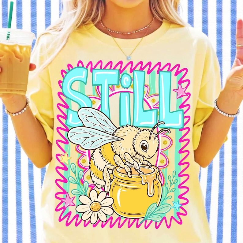 Mockups featuring the Bee Still Jesus design on a mug, tote bag, and t-shirt, highlighting versatility.