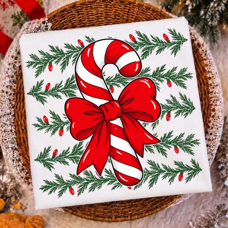Image of Candy Cane Bow PNG, Coquette Christmas Candy Cane Sublimation, Polka Dot Holiday Shirt Design, Digital Download