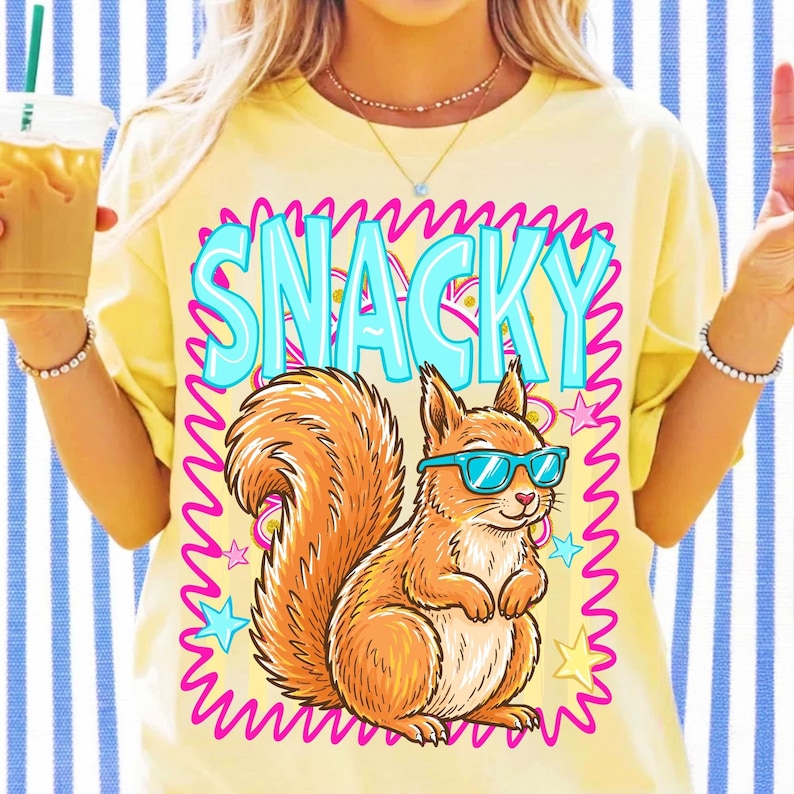 Image of Cute Snacky Squirrel PNG Sublimation Design, Funny Squirrel with Sunglasses Shirt Graphic, Girly Boutique Animal Clipart, Fall DTF File