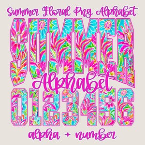 K&ouml;nnte beinhalten: Ein digitales Design mit dem Wort &bdquo;SUMMER&ldquo; und dem Wort &bdquo;Alphabet&ldquo; in einem lebendigen Blumenmuster. Das Design umfasst die Zahlen 0-6, ebenfalls in einem Blumenmuster, mit dem Text &bdquo;alpha + number&ldquo; darunter. Die Farbpalette umfasst Pink, Blau und Gr&uuml;n.
