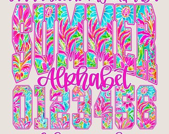 Retro Preppy Sommer Alphabet PNG Bundle Florale karierte Buchstaben für Sublimationszahlen Set Girly Kokette Ästhetik Küstenstrand Design