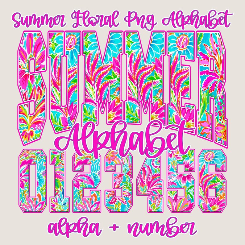 Retro Preppy Summer Alphabet PNG bundle featuring floral and checkered letters and numbers for sublimation
