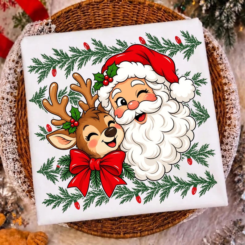 Image of Santa and Reindeer PNG, Merry Christmas Sublimation Design, Hand Painted Holiday Shirt Graphic, Xmas Digital Download