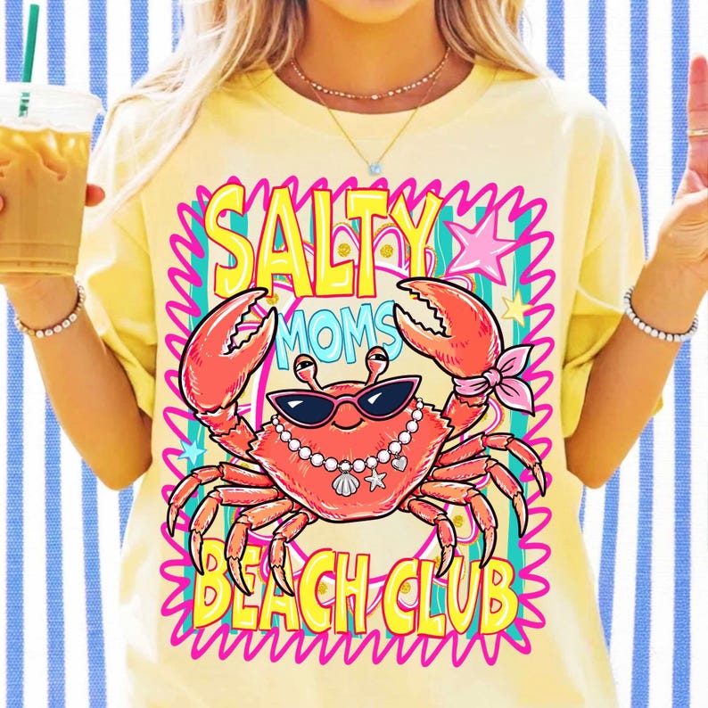 Image of Salty Moms Beach Club PNG Cute Crab Sublimation Design Funny Beach Mom Shirt Graphic Summer Boutique Coastal DTF T-Shirt Clipart