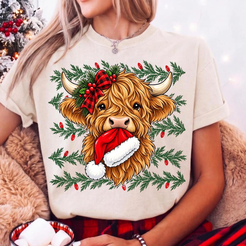 May include: A cream-colored t-shirt featuring a graphic of a fluffy Highland cow with a red and black buffalo plaid bow on its head and a red Santa hat in its mouth, set against a background of green pine branches and small red Christmas lights.