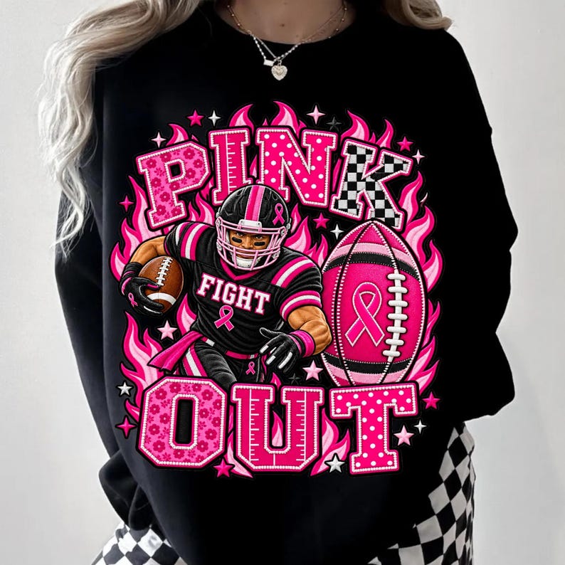 Image of Pink Out Football Sweatshirt, Breast Cancer Awareness Shirt, Pink Ribbon Football Crewneck, Game Day Support Shirt, October Football Gift