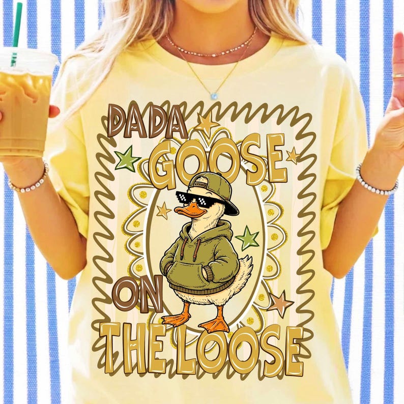 Close-up view of the Dada Goose PNG, highlighting the striped retro design and