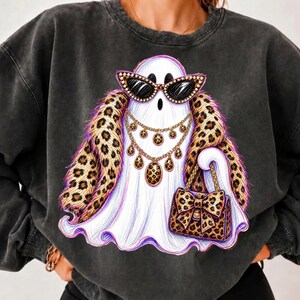 Boujee Halloween Ghost PNG, Leopard Print Glam Ghost, Spooky Luxury Rhinestone DTF Digital Download image 1